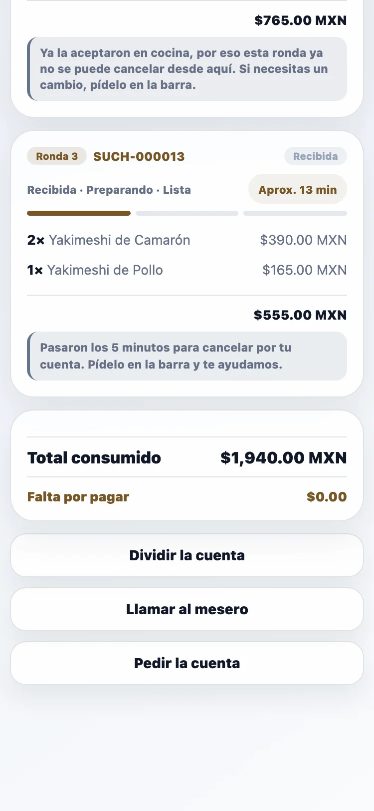 Cuenta de mesa de demostración con rondas, total consumido y botones para dividir, llamar al mesero y pedir cuenta
